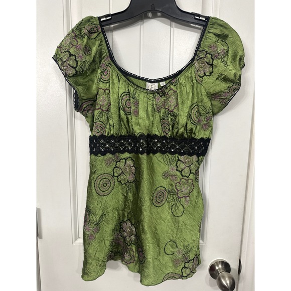 Heart Soul Tops - Y2K Heart Soul Green Floral Embroidered Sequin Lace Empire Waist Top Boho Fairy